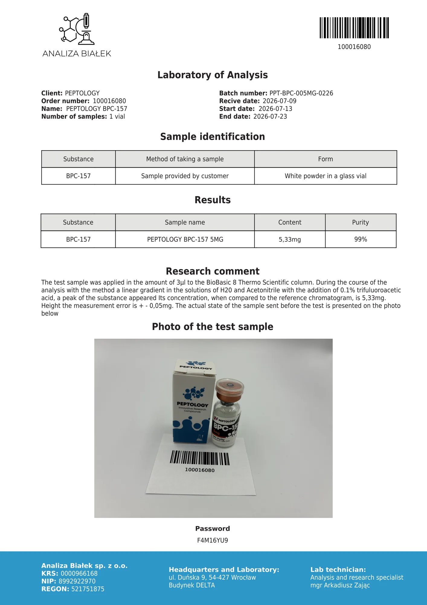 BPC‑157 5 mg – HPLC purity certificate, batch 0226