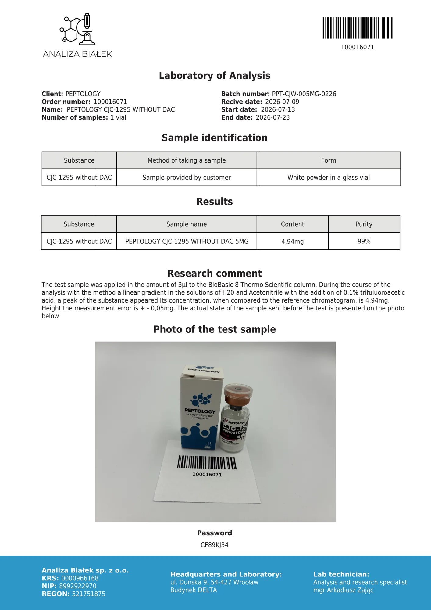 CJC‑1295 be DAC 5 mg – HPLC purity certificate, batch 0226