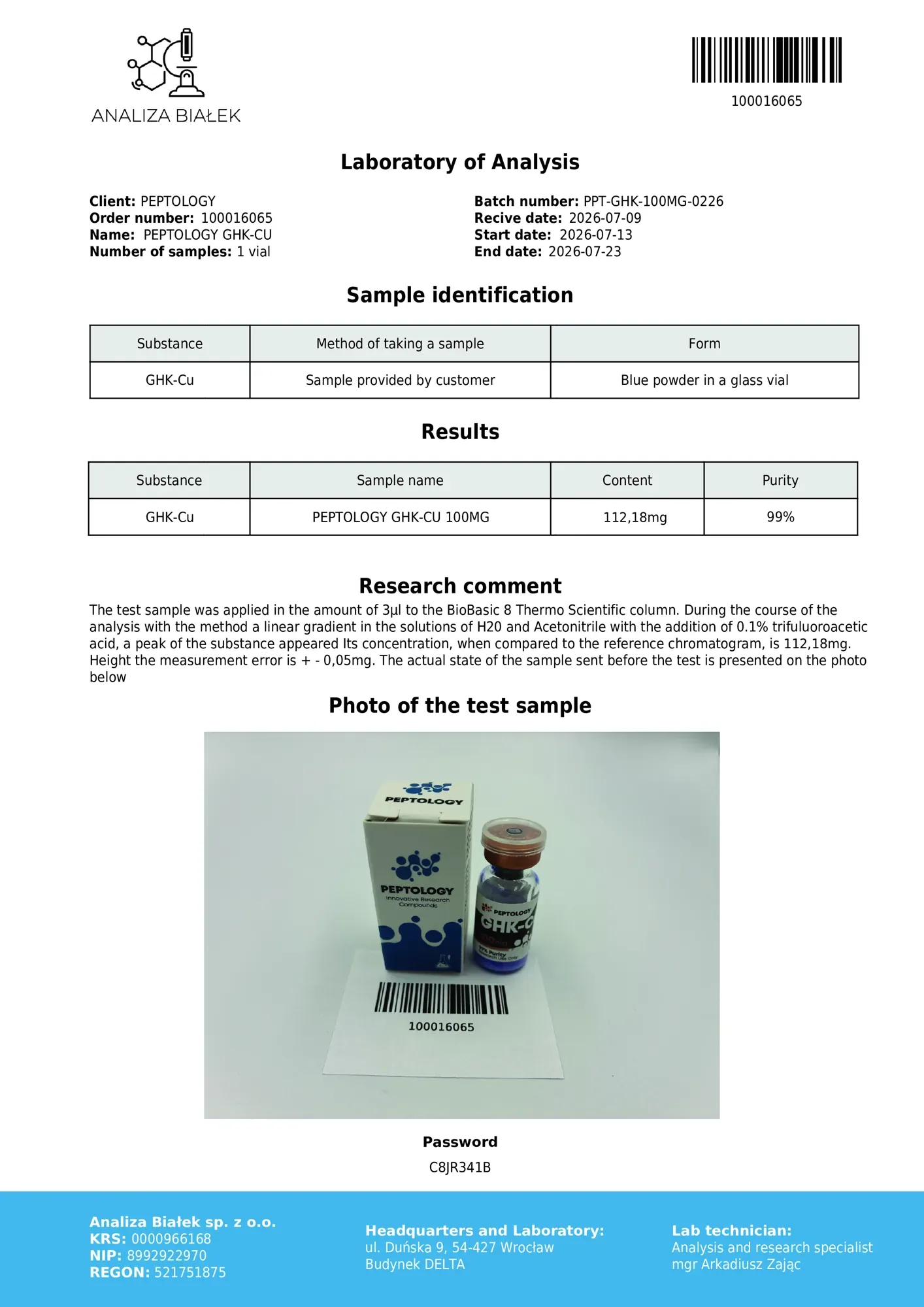 GHK-Cu 100 mg – HPLC purity certificate, batch 0226
