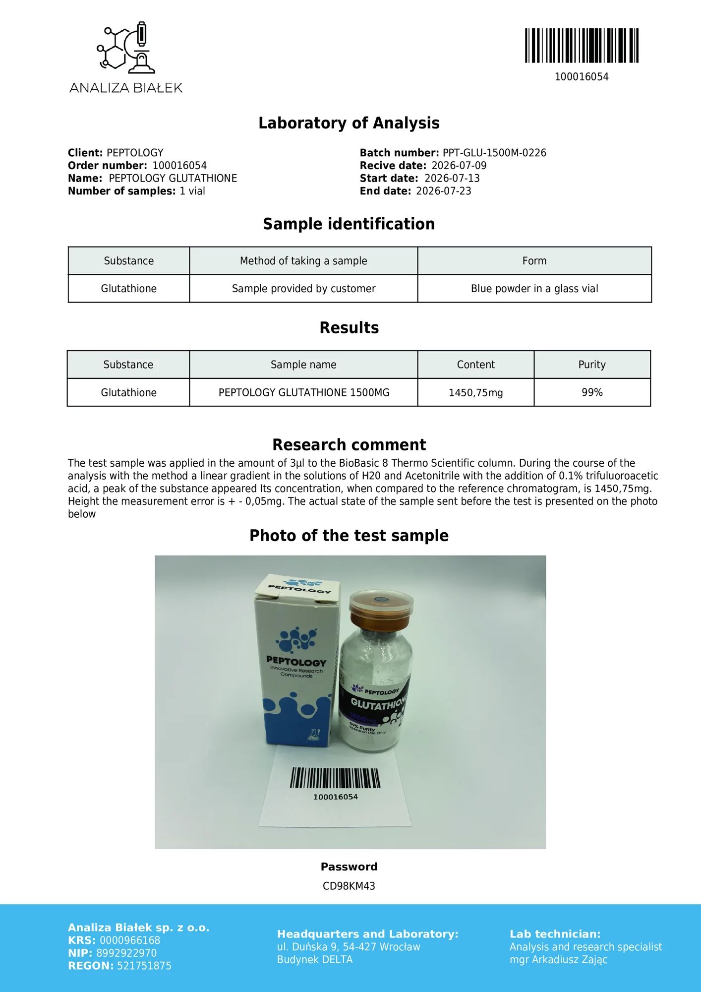Glutatijonas 1500 mg – HPLC purity certificate, batch 0226