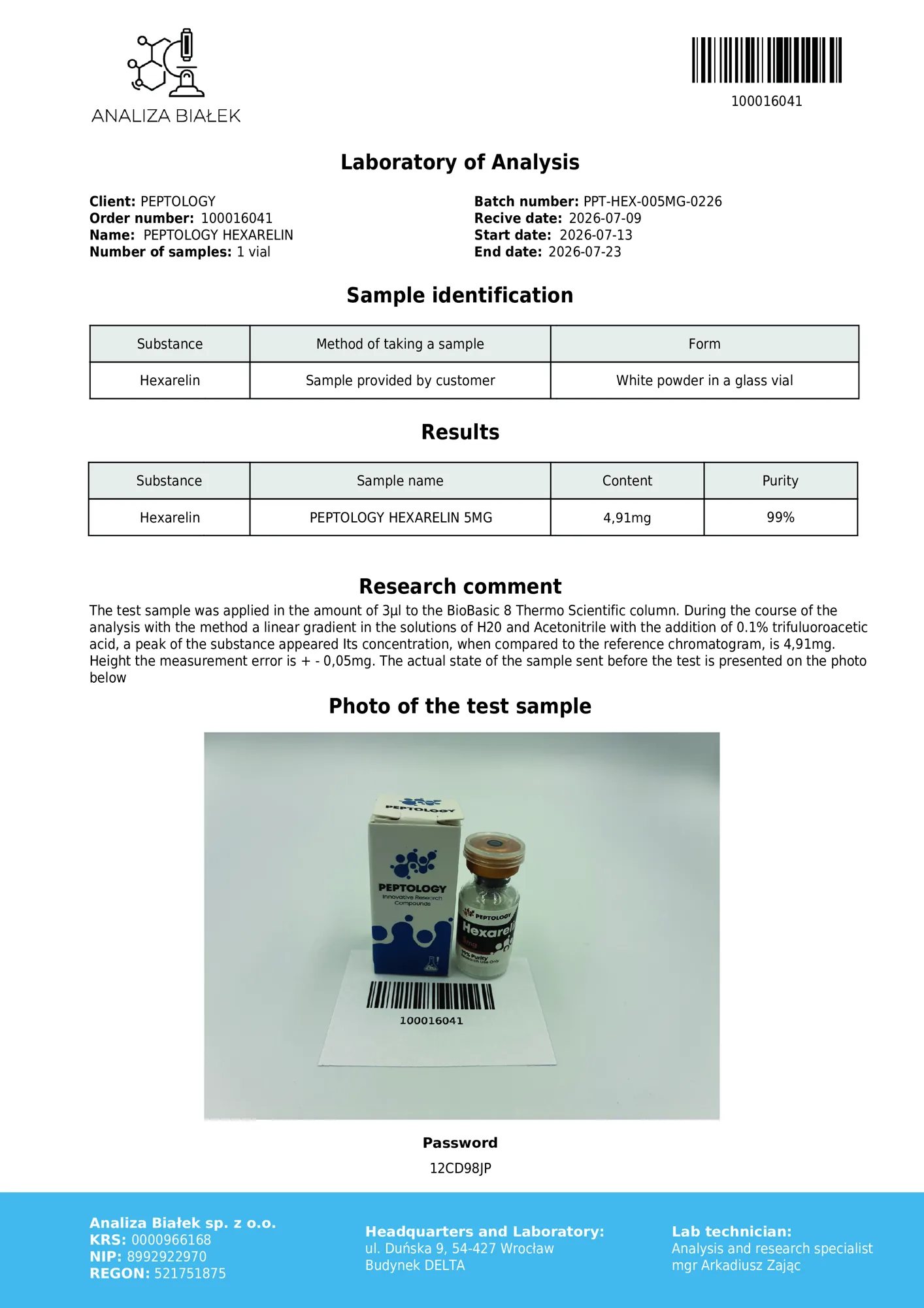Hexarelin 5 mg – HPLC purity certificate, batch 0226