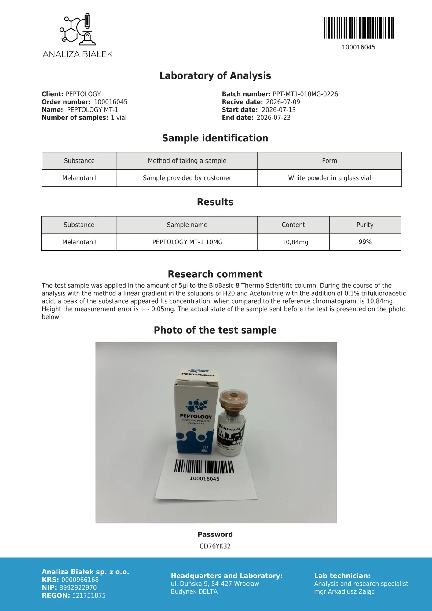 MT-1 10 mg – HPLC purity certificate, batch 0226