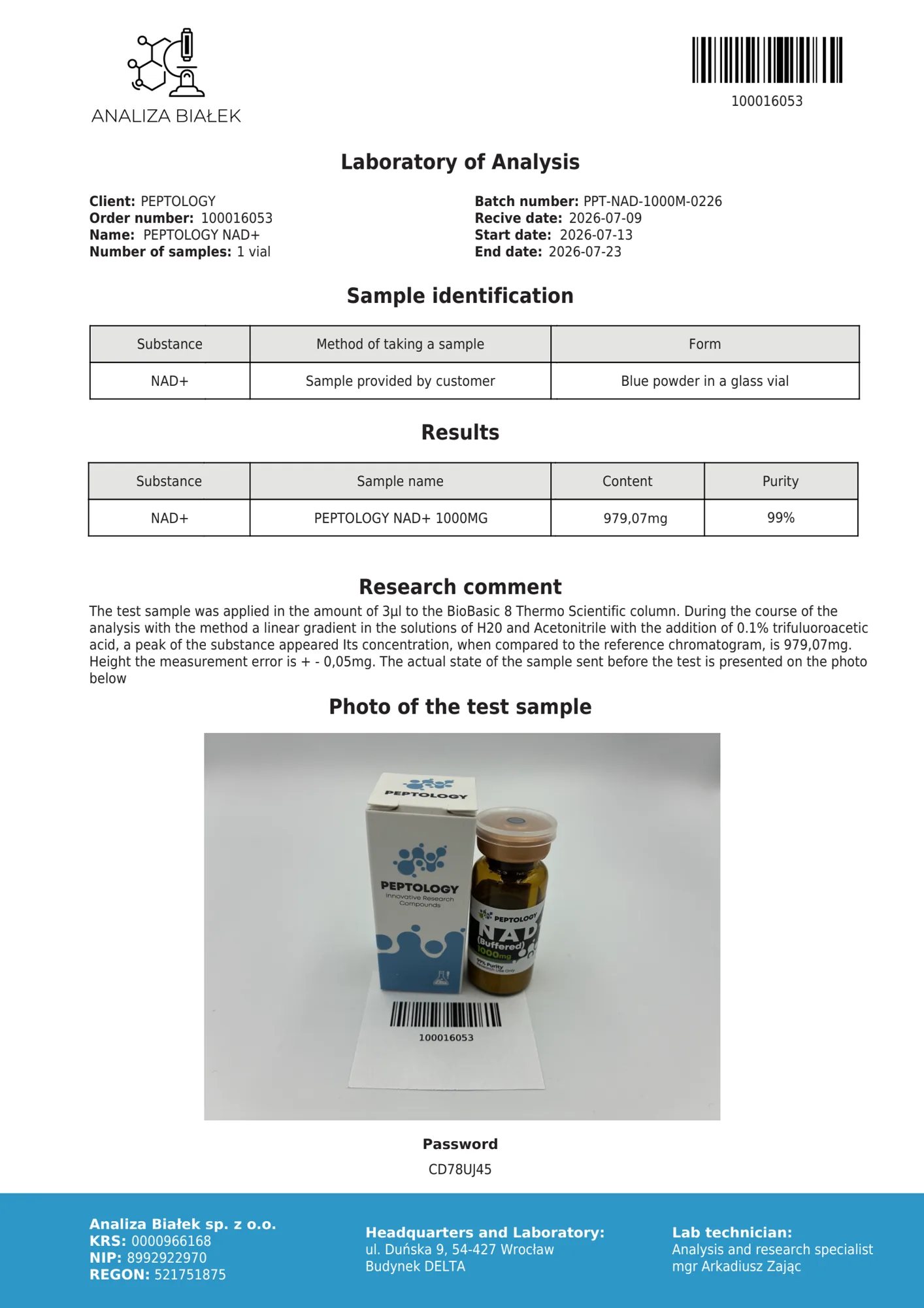 NAD+ 1000 mg – HPLC purity certificate, batch 0226