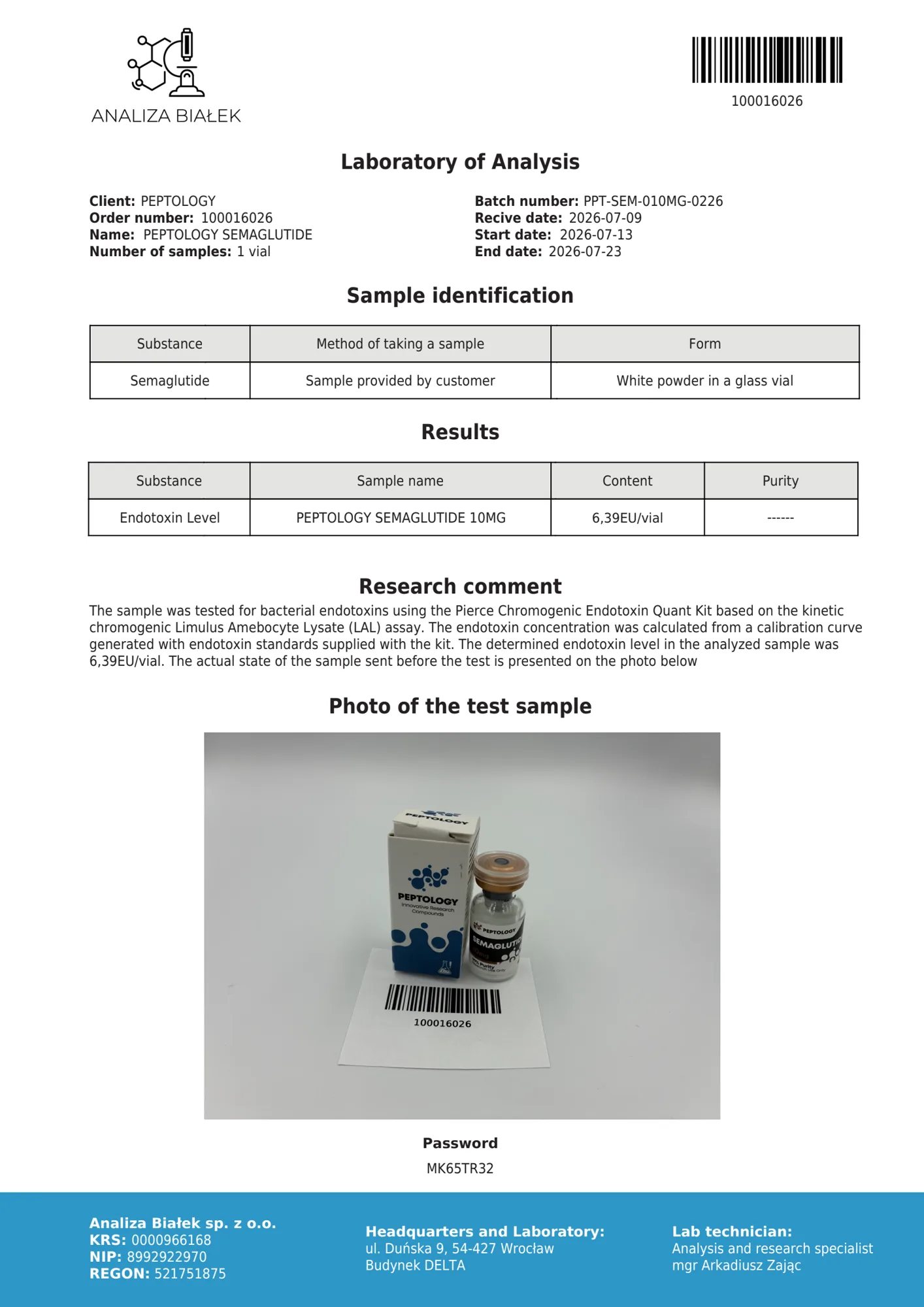 Semaglutide 10 mg – endotoxin test, batch 0226