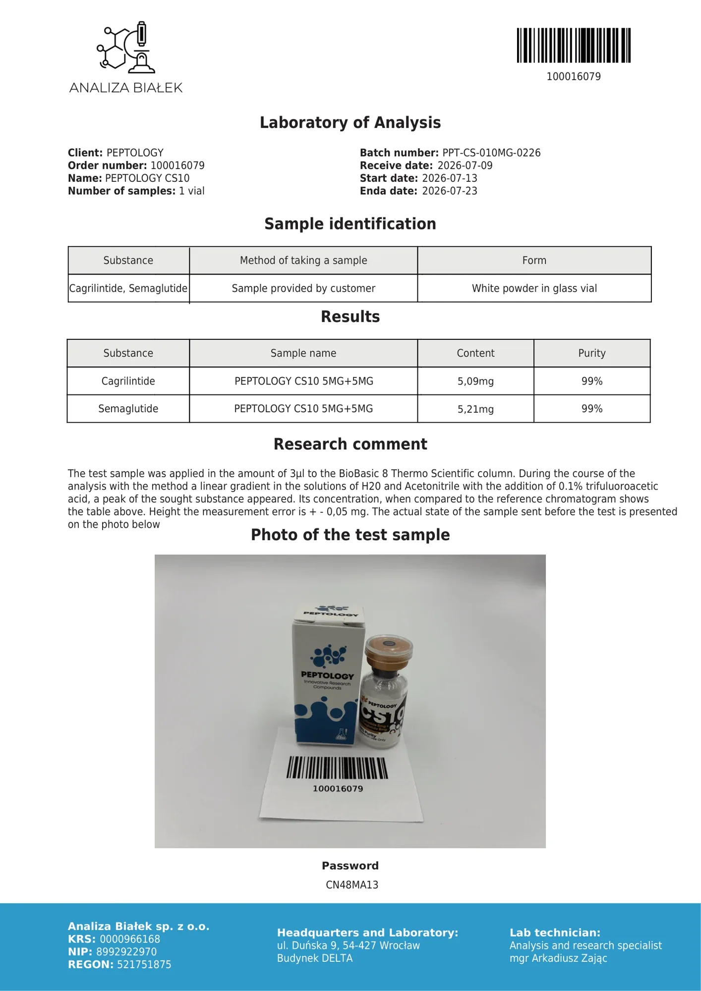 CS10 5 mg – HPLC purity certificate