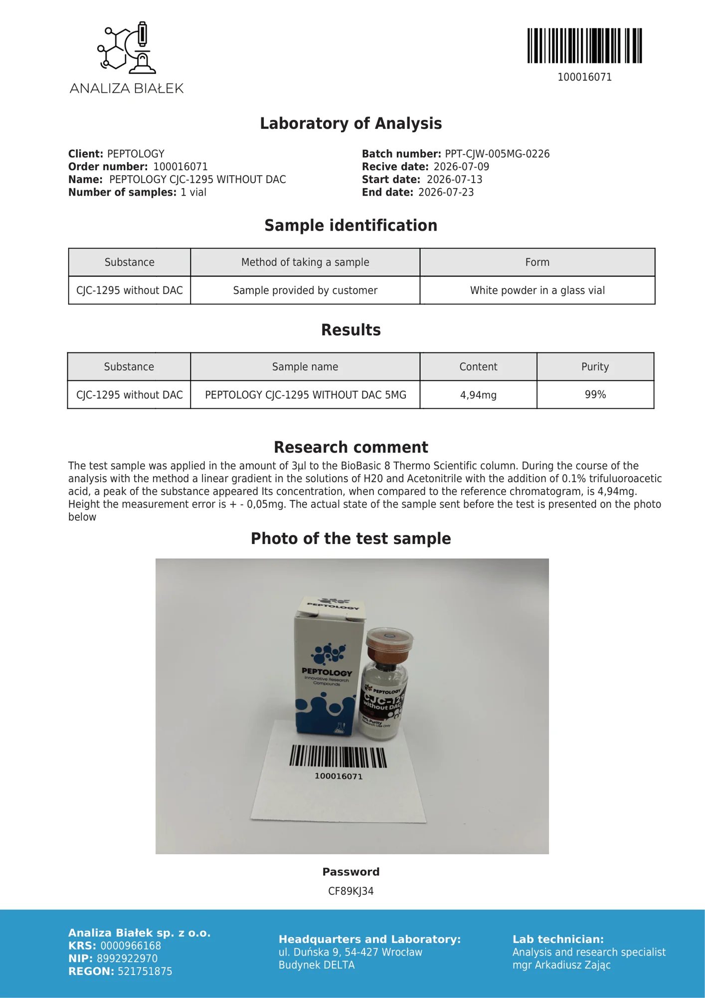 CJC‑1295 be DAC 5 mg – HPLC purity certificate