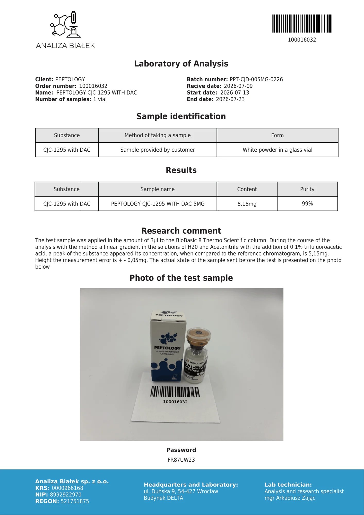 CJC‑1295 su DAC 5 mg – HPLC purity certificate