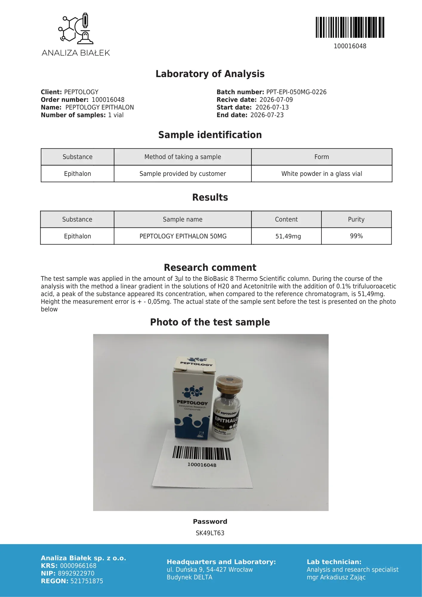Epithalon 50 mg – HPLC purity certificate