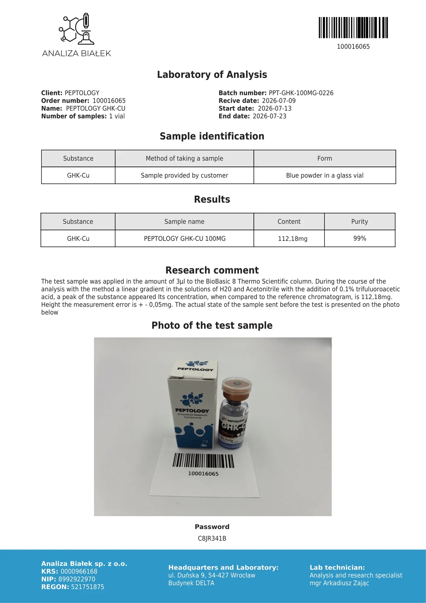 GHK-Cu 100 mg – HPLC purity certificate