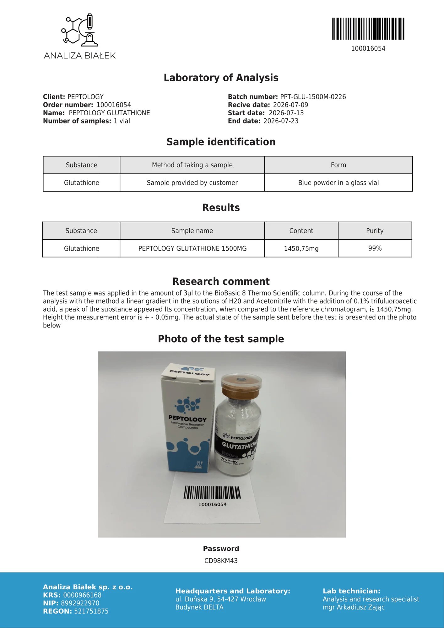 Glutatijonas 1500 mg – HPLC purity certificate