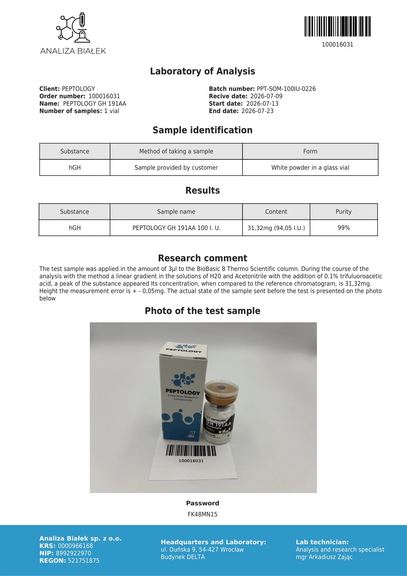 Somatropin 100 IU – HPLC purity certificate