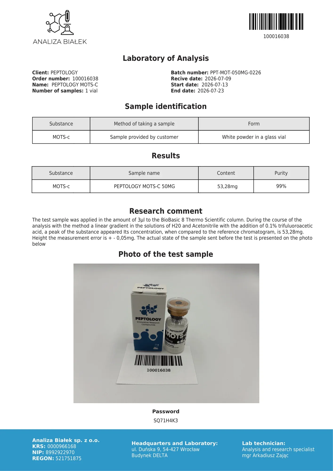 MOTS-c 50 mg – HPLC purity certificate