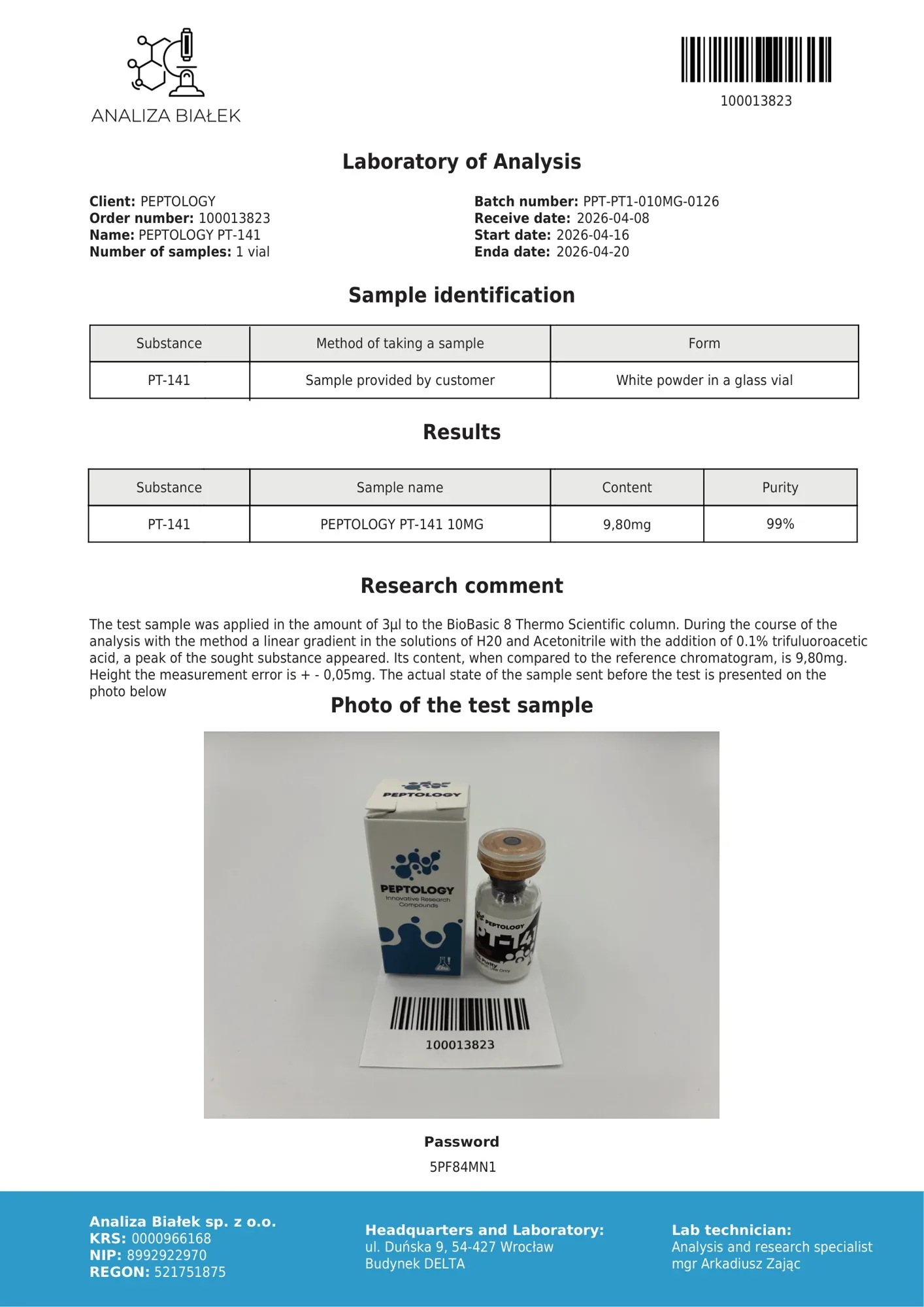 PT-141 – HPLC purity certificate