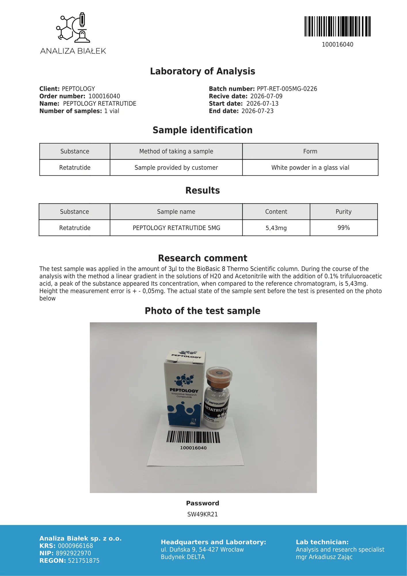 Retatrutide 5 mg – HPLC purity certificate