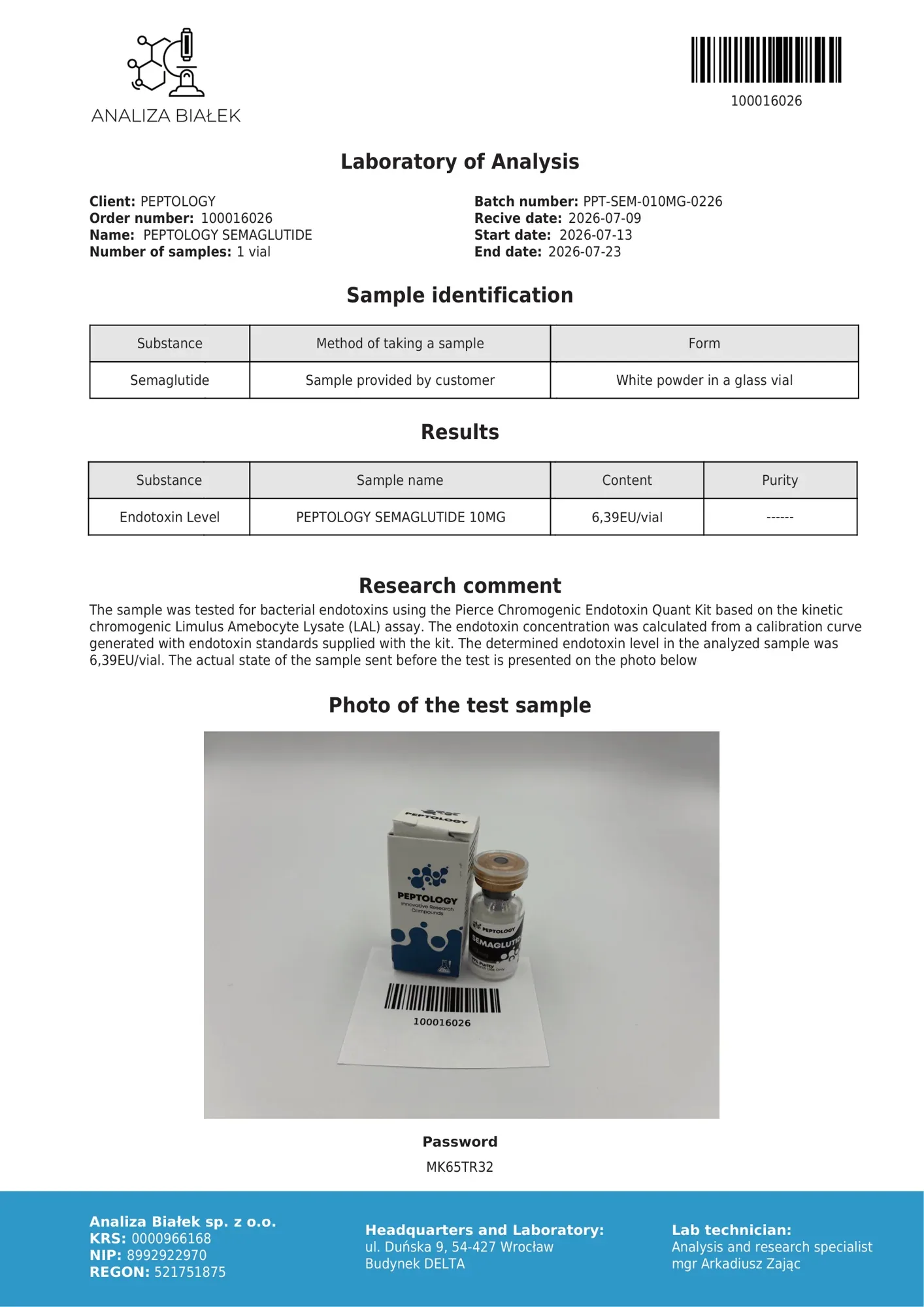 Semaglutide 10 mg – endotoxin test