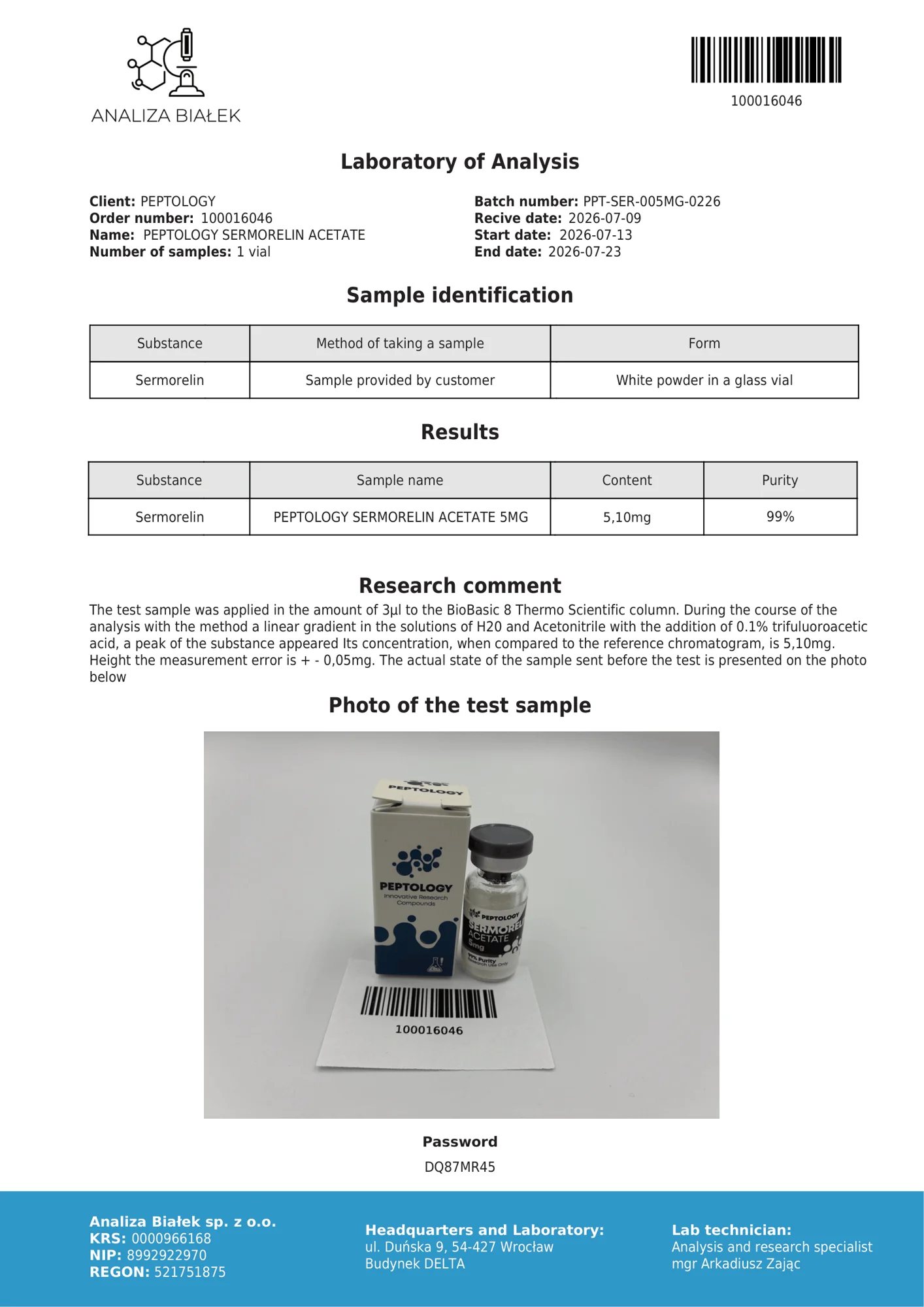 Sermorelin 5 mg – HPLC purity certificate