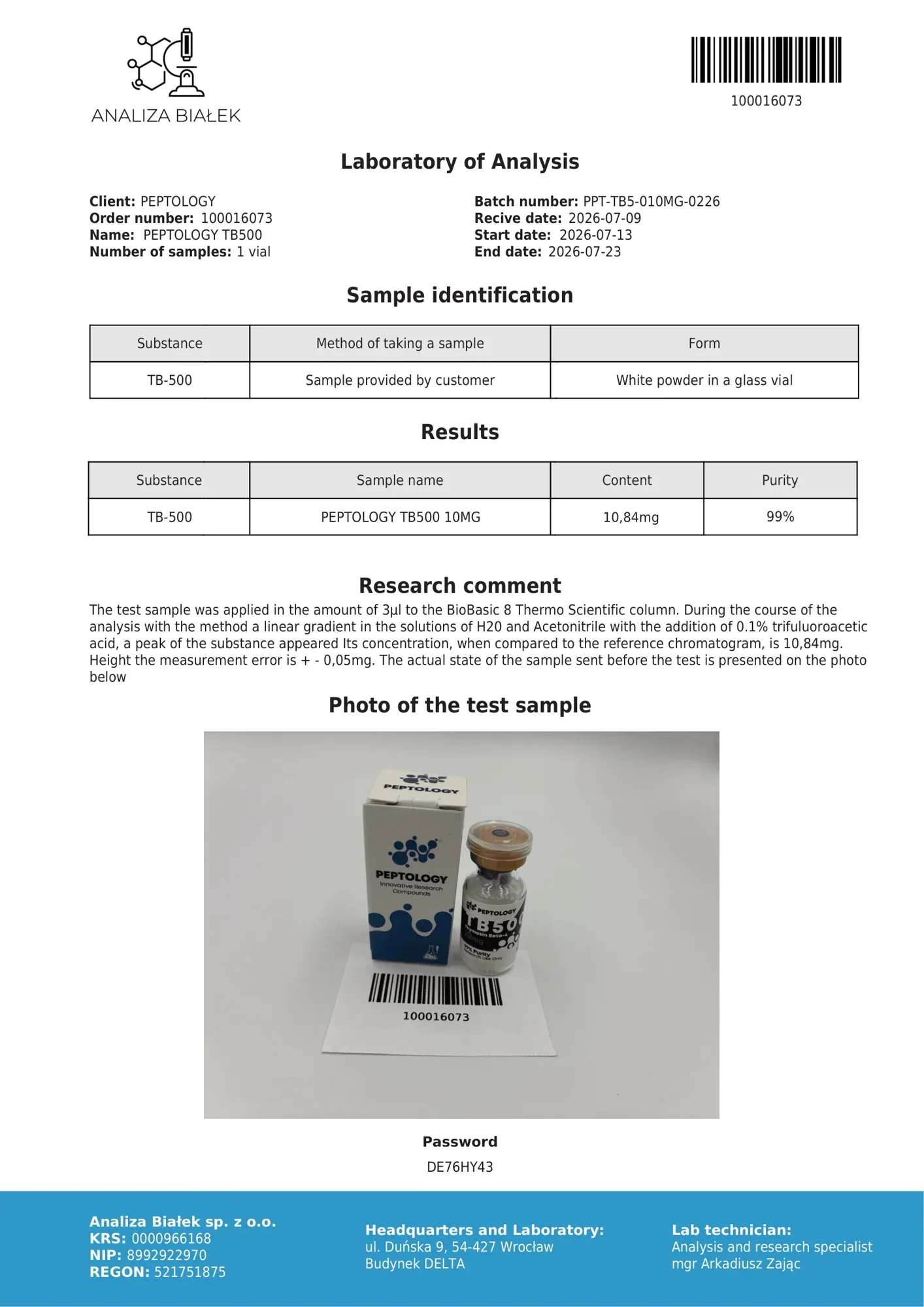 TB500 10 mg – HPLC purity certificate