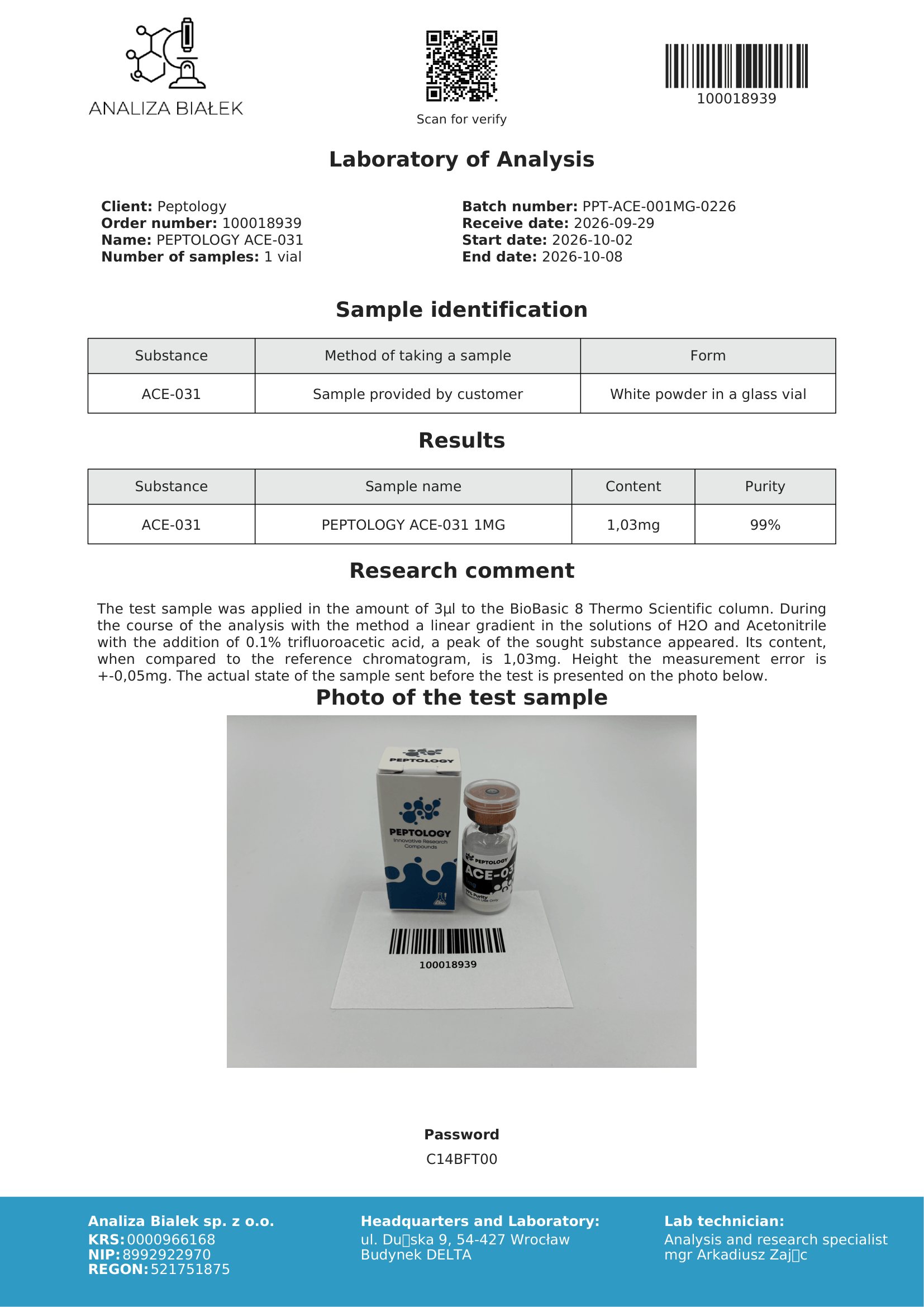 ACE-031 – HPLC purity certificate, batch 0226