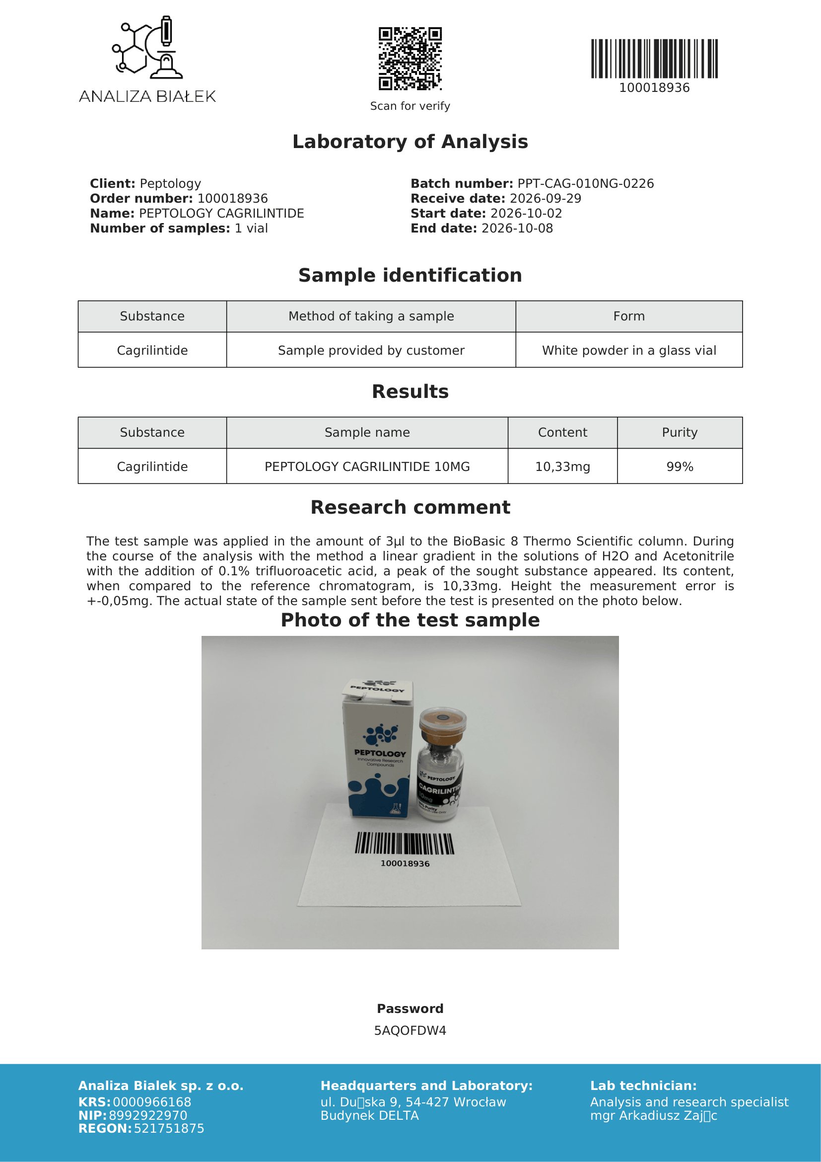 Cagrilintide 10 mg – HPLC purity certificate, batch 0226