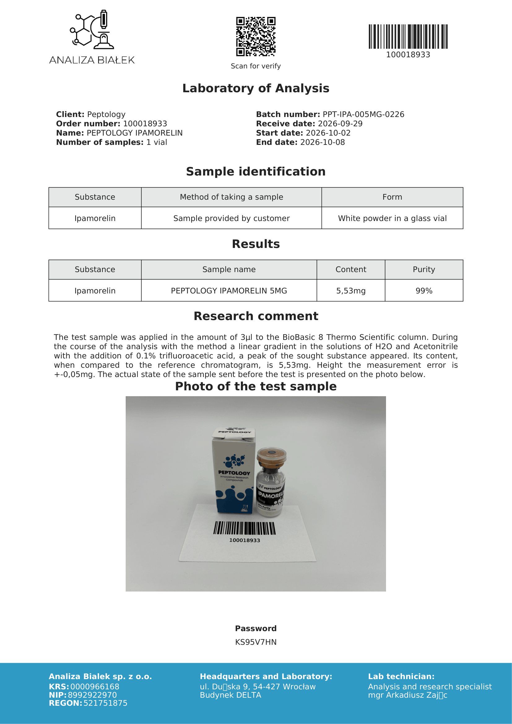 Ipamorelin 5 mg – HPLC purity certificate, batch 0226