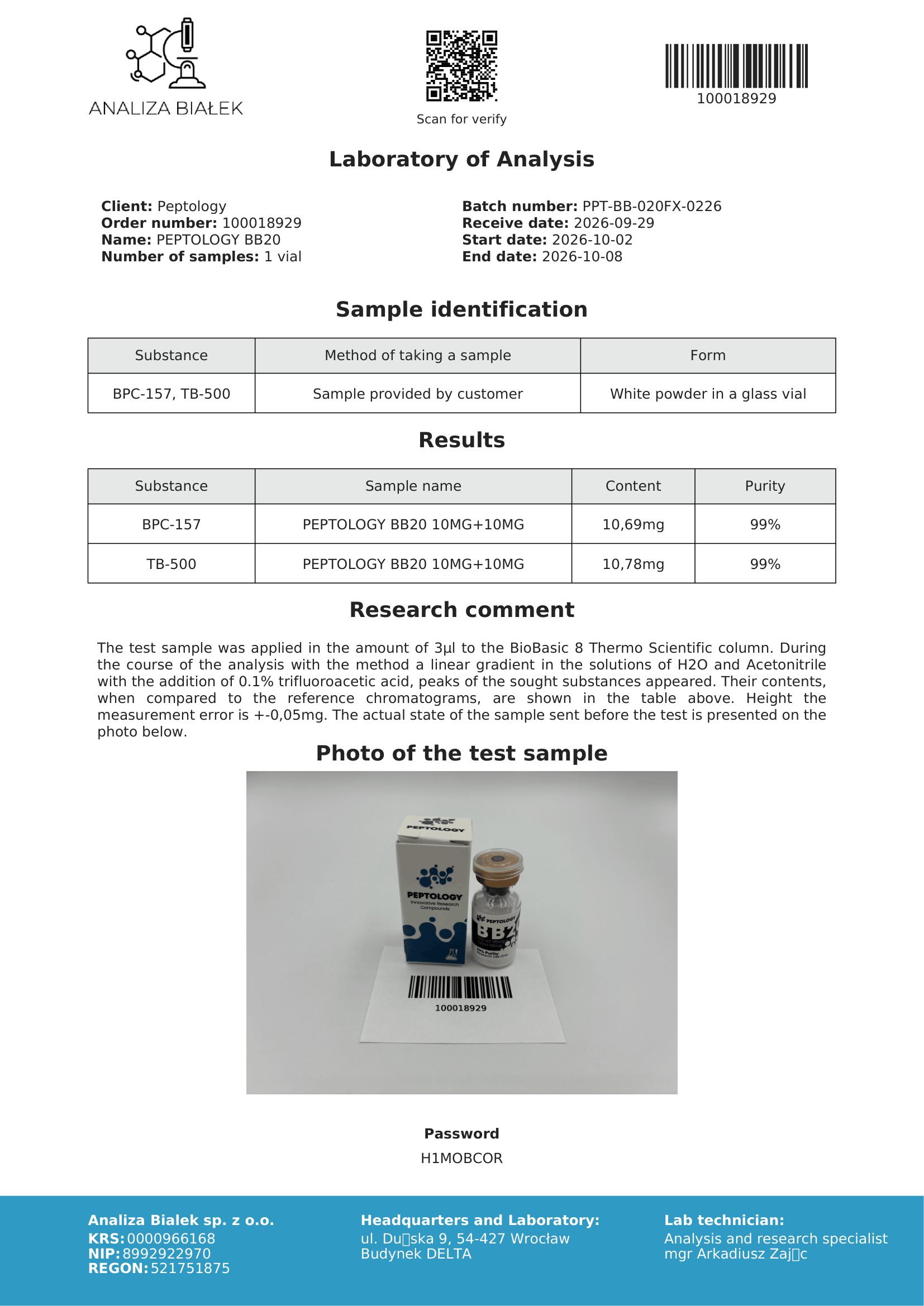BB20 – HPLC purity certificate, batch 0226